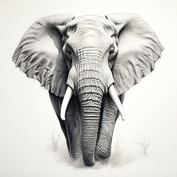 Sketch a realistic portrait of a regal African elephant, emphasizing its wrinkled skin and magnificent tusks