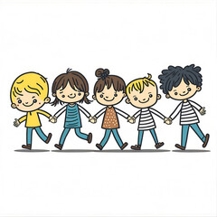 Fototapeta premium Group of happy kids holding hands. Friendship concept. Funny clip art illustration for kids.