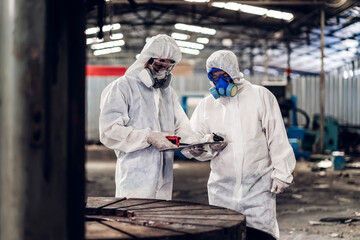 Scientist wear Chemical protection suit check danger chemical, working at dangerous zone in Red and White Lines of barrier tape. Red and white Hazardous restricted area factory safety worker industry - obrazy, fototapety, plakaty
