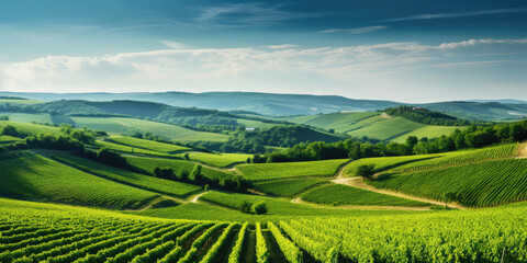 Green field with rows of vines for harvesting. Ripe grapes for the production of fine wines. Generative AI.