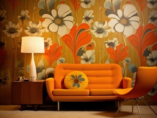 70s flower power interior living room design with flower wallpaper, generative ai