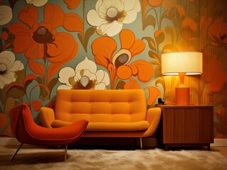 70s flower power interior living room design with flower wallpaper, generative ai