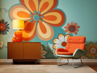 70s flower power interior living room design with flower wallpaper, generative ai