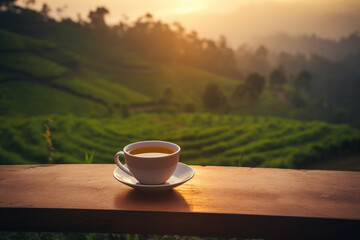 Generative AI. Cup of hot tea and tea leaf on the wooden table and the tea plantations background. Tea plantations. Green tea fresh leaves