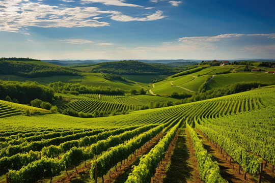 Green field with rows of vines for harvesting. Ripe grapes for the production of fine wines. Generative AI.