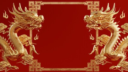 3d rendering illustration background for happy chinese new year 2024 the dragon zodiac sign with red and gold color, flower, lantern, and asian elements. ( Translation :  year of the dragon 2024 ).