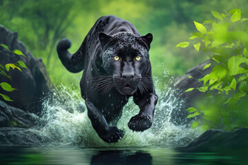 black panther tiger runs on water, in forest. Dangerous animal. Animal in a green forest stream