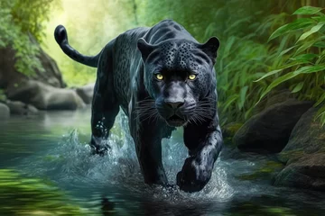 Fototapeten black panther tiger runs on water, in forest. Dangerous animal. Animal in a green forest stream © Kien