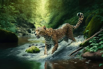 Fotobehang leopard runs on water, in forest. Dangerous animal. Animal in a green forest stream, generative AI © Kien