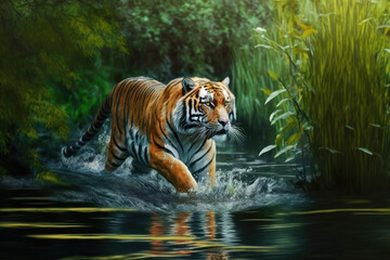 Fototapeta na wymiar siberian tiger runs on water, in forest. Dangerous animal. Animal in a green forest stream, generative AI