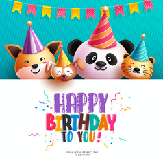Happy birthday vector template design. Birthday emoticon animal characters with white board space for message dedication. Vector illustration invitation card. 
