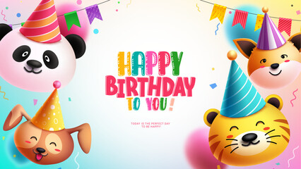 Happy birthday vector template design. Birthday animal emoticon characters with pennants and party hat party elements. Vector illustration holiday celebration background. 