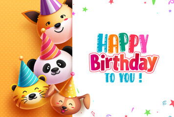 Happy birthday text vector template design. Birthday greeting in white board space with animal cute characters. Vector illustration birthday party invitation card.