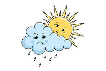 A sad sun looks out from behind a cloudy rain cloud