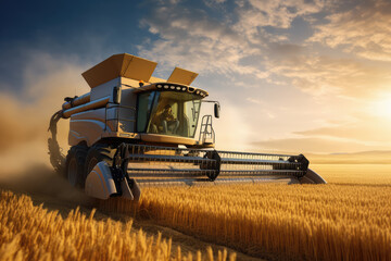 Fototapeta premium Large powerful rural tractor advancing through wheat plantations for high productivity harvest. Generative AI.