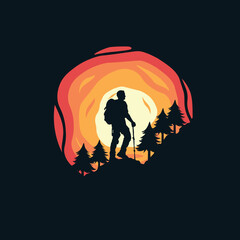Vector silhouette of man hiking on forest background