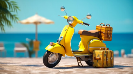 Summer travel , Yellow motorbike with luggage for summer holidays , Beach sea view , Vacation , Created with Generative Ai