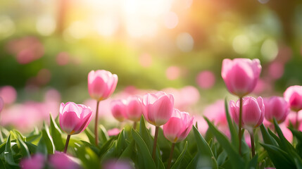field of pink tulips with blur bokeh sun light created with Generative AI 