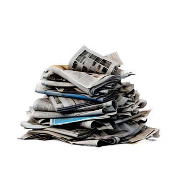 Messy Newspaper Pile, Expired Coupons, crumpled old newspaper isolated on white or transparent background 