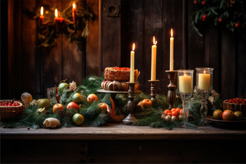 Candlelight illuminates rustic Christmas decoration on table