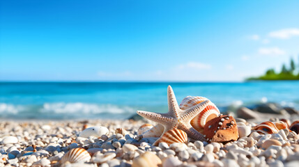 Fototapeta na wymiar closeup of beautiful starfish and shells on the beach created with Generative AI 