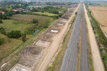 Fototapeta na wymiar Aerial view from flying drone of railroad tracks