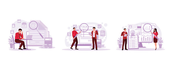 Business people are sitting and filling out tax forms online. Two business people are filling out income tax payment forms. Financial inspector and secretary audit finances. Trend Modern vector flat i