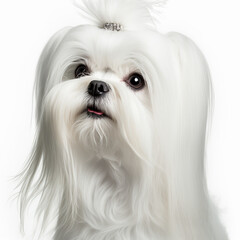 Adorable maltese dog portrait looking at camera isolated on white background as concept of domestic pet in ravishing hyper realistic detail by Generative AI.
