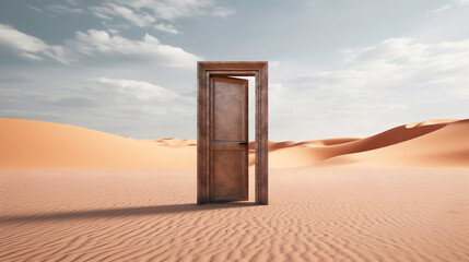 Open door in the middle desert created with Generative AI 