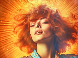 70s style fashion hairstyle portrait of female woman model with golden light and period correct background, generative ai