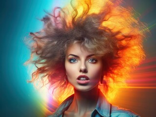 Obraz na płótnie Canvas 80s fashion hairstyle studio portrait of female woman with multicolored background, generative ai