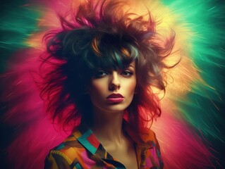 Fototapeta premium 80s fashion hairstyle studio portrait of female woman with multicolored background, generative ai