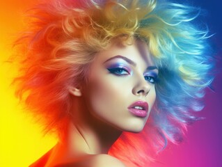 Obraz na płótnie Canvas 80s fashion hairstyle portrait of female woman with multi coloured intense background, generative ai