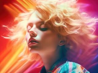 Obraz premium 80s fashion hairstyle portrait of female woman with multi coloured intense background, generative ai