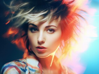 Fototapeta premium 80s fashion hairstyle portrait of female woman with multi coloured intense background, generative ai