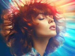 Fototapeta premium 80s fashion hairstyle portrait of female woman with multi coloured intense background, generative ai