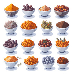 Dried cereals and legumes, seed, mung bean, soy bean in wooden cup isolated over white, clipart, graphic design