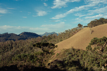 Mountains of the Atlantic Forest, in the municipality of Mauá. Blue sky with clouds.