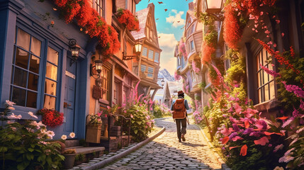 a postal worker delivering mail on their route, walking down a picturesque street filled with colorful houses and blooming flowers,  AI Generated