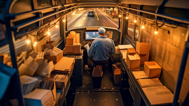 Postal worker driving a mail truck, with parcels and letters neatly organized,  AI-Generated