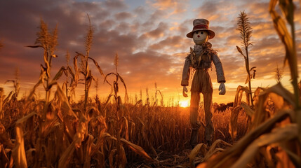 sunset in the field a scarecrow standing tall in picturesque countryside, surrounded by golden fields and colorful sunset, AI-Generated - obrazy, fototapety, plakaty