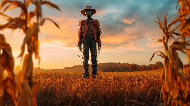 a scarecrow standing tall in picturesque countryside, surrounded by golden fields and colorful sunset, AI-Generated