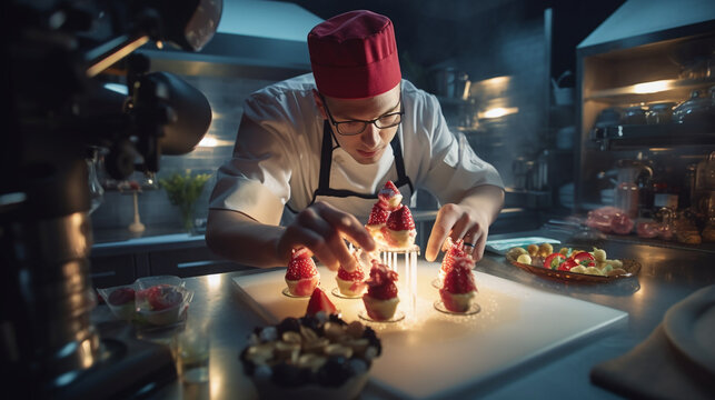 person in a skilled dessert chef crafting a strawberry sundae masterpiece in a professional kitchen, AI-Generated