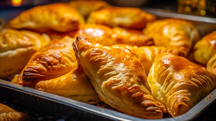 a tray of freshly baked apple turnovers, still warm from the oven, with a golden-brown crust and oozing apple filling, highlighting their mouthwatering appeal,, AI-Generated