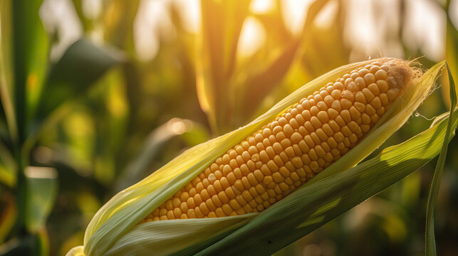 Corn, Golden Harvest: Majestic Corn Cob Standing Tall in Vibrant Cornfield Landscape.