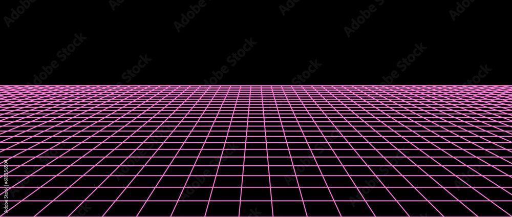 Poster Pink neon flat wireframe grid. Checkered floor landscape. Horizontal chessboard plane in perspective. Black and white abstract lattice surface background. Vector illustration 