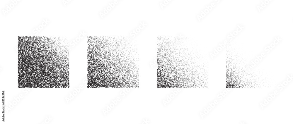 Poster Textured fading gradients set. Black dotted square element collection. Stippled shades object pack. Noise grain dotwork shapes. Halftone effect illustrations bundle. Vector illustration