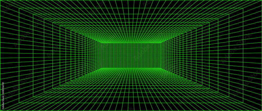 Poster green neon wireframe grid room. 3d background in perspective. futuristic digital outline space. geom