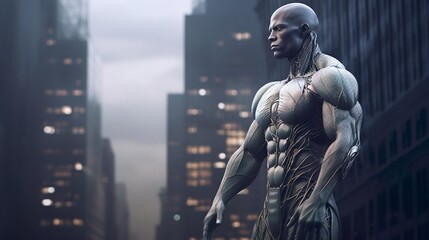 Fototapeta na wymiar Mighty Superhuman: Futuristic Alien Cityscape.