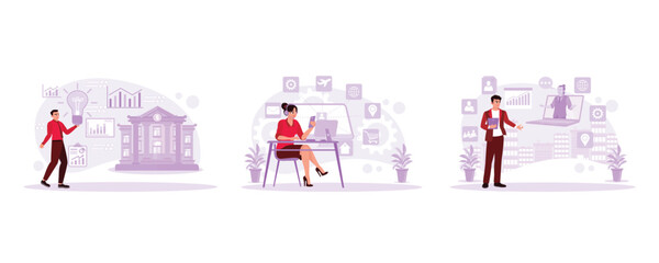 A young man in a tie with a creative lamp stands in front of the building. Employees wearing headphones access communication network services. Marketing manager discussing with colleagues.